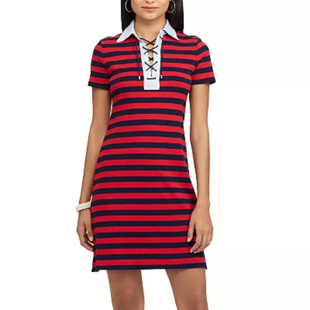 Chaps | Nautical-Inspired Lace-up Polo Shirt Dress Navy & Red Stripe Rope Tie